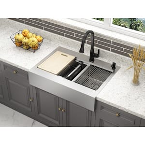 Blanchard Retrofit Workstation Dual Mount Stainless Steel 33 in. 2-Hole 60/40 Double Bowl Flat Front Apron Kitchen Sink