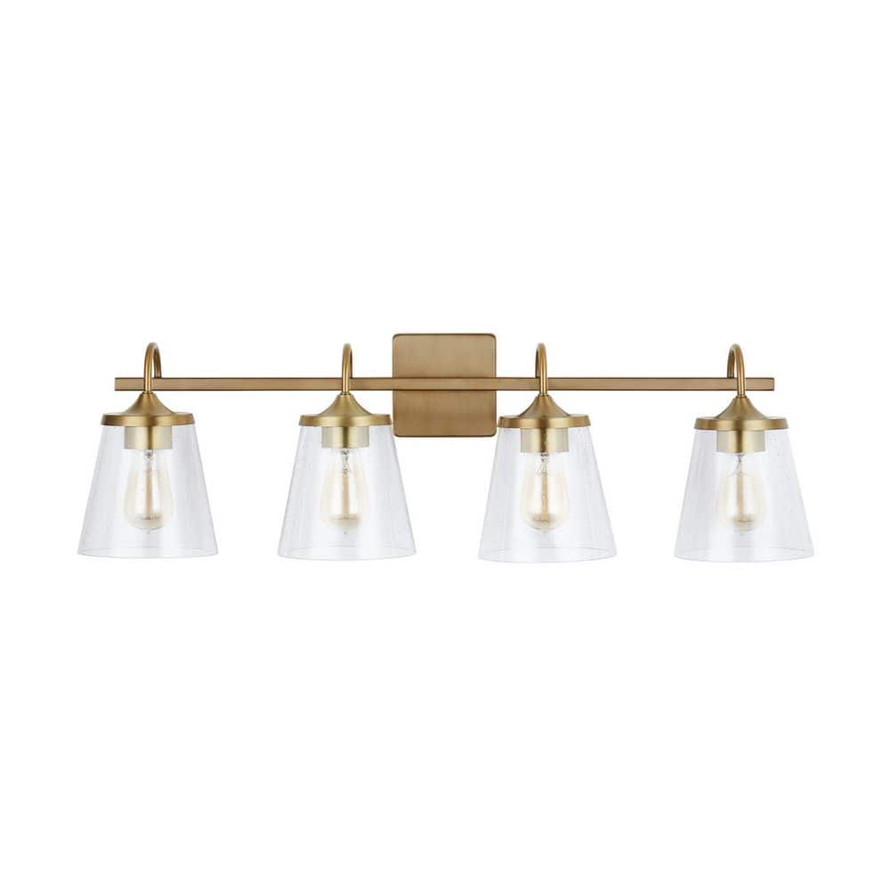 Jayne 33 in. W x 10.5 in. H x 9 in. E 4-Light Aged Brass Vanity Light with Clear Seeded Cone Glass Shades price history on PriceWatchPro