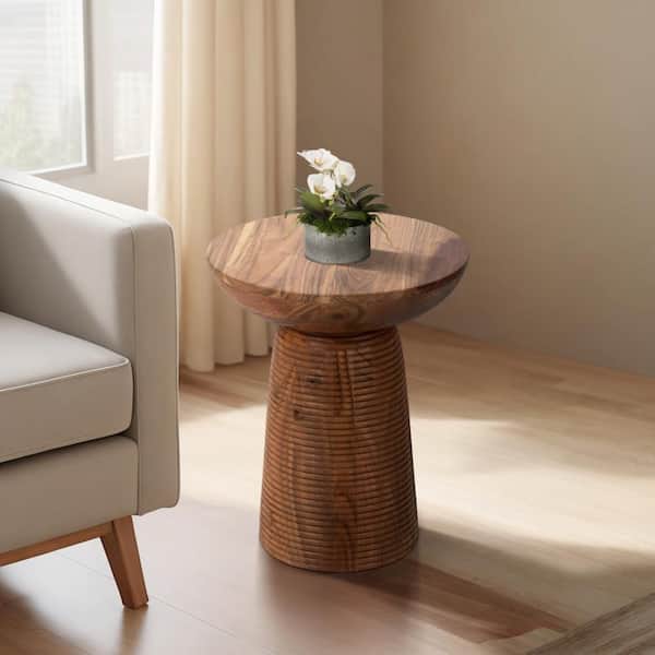 Liv & Skye 16 in. Natural Brown Round Wood End Table with Grooved Base