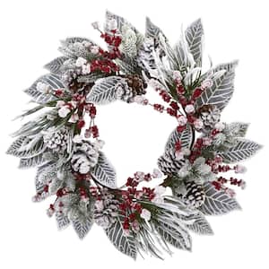 24in. Artificial Unlit Artificial Holiday Wreath with Snowy Magnolia Berry