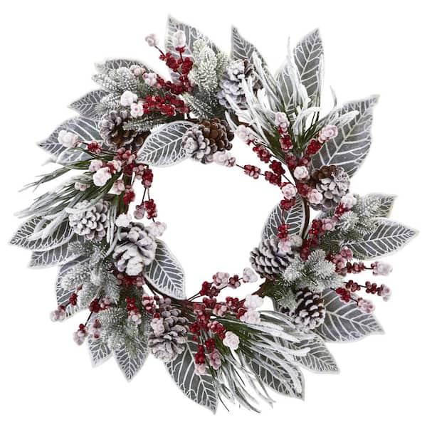 Nearly Natural 24in. Artificial Unlit Artificial Holiday Wreath with Snowy Magnolia Berry