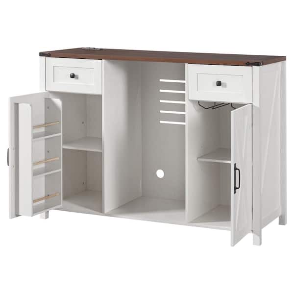 53.2" Fridge Cabinet w/Power Outlet 2 Drawers Coffee Bar Cabinet Mini Fridge Wine Cabinet Fluted Buffet Sideboard, White