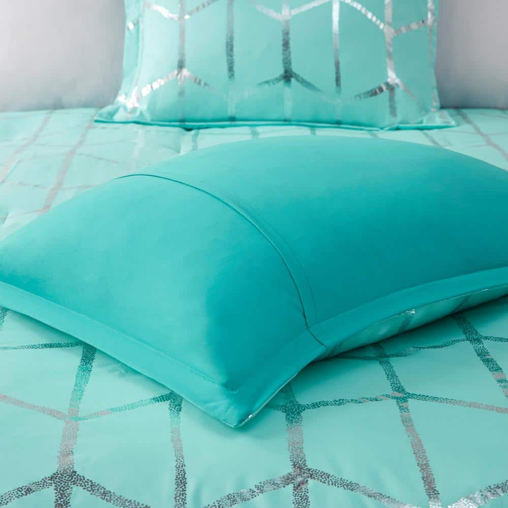 Aqua and Silver Twin Microfiber Comforter Set with Shams