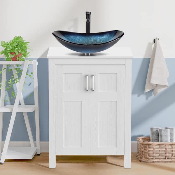 Puluomis 24 in. W x 19 in. D x 33 in. H Single Sink White Bath Vanity with Blue Solid Surface Top Sink and Mirror