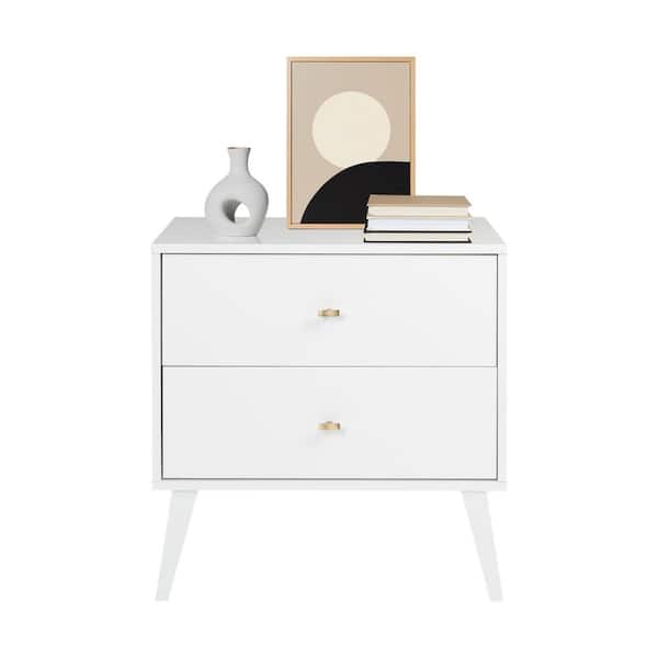 Prepac Milo Mid-Century Modern White 2-Drawer 25 in. W Contemporary Nightstand Side Table, Night Stand Bedside Table
