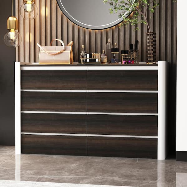 FUFU&GAGA White Wood 47.2 in. W Jewelry Armoire, Dresser, Chest of Drawers with 8-Drawer, Glass Top Surface and LED Light
