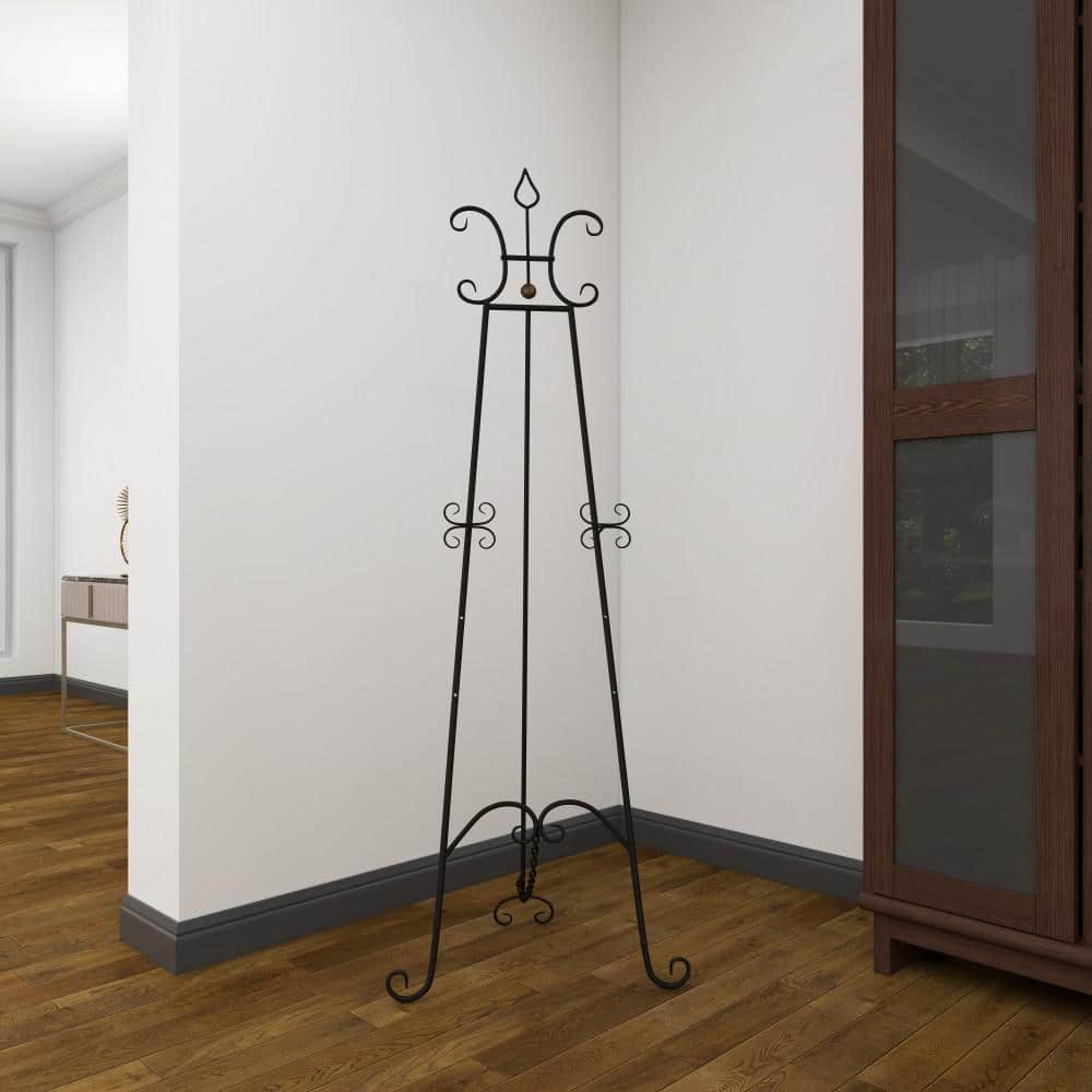 Black Metal Scroll Adjustable Floor Easel with Chain Support