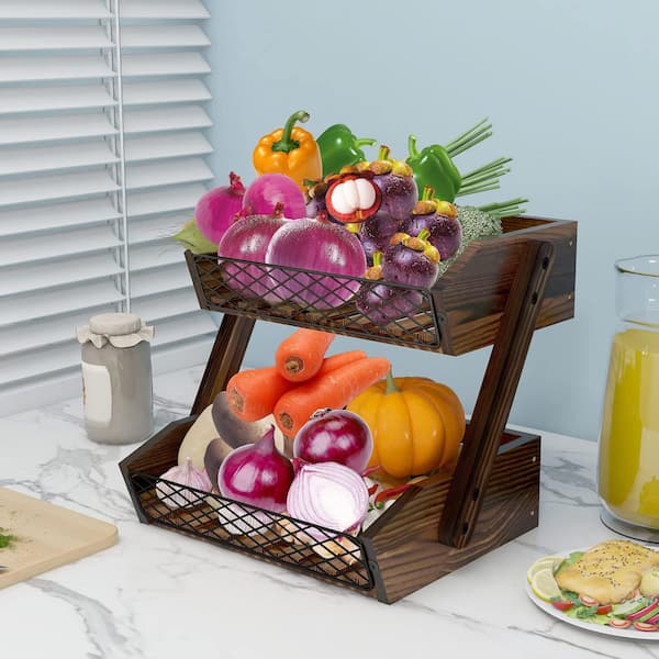 1-Piece Rustic 2-Tier Fruit Basket Set, Durable Wooden Countertop Organizer for Fresh Produce Display in Brown