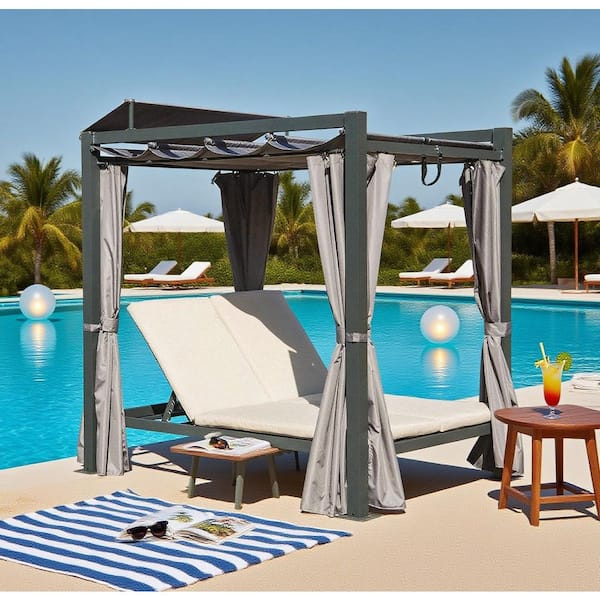 Daheat Faze Aluminum Outdoor Patio Day Bed with Retractable Canopy Bed Double Chaise Lounge Outdoor Grey Curtain with Cushion