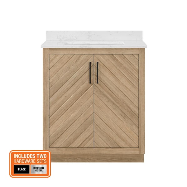 Huckleberry 30 in. Single Sink Weathered Tan Bath Vanity with White Engineered Marble Top (Assembled)