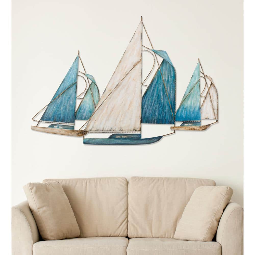 Azure Regatta Blue and White Metal Sailboat Wall Sculpture