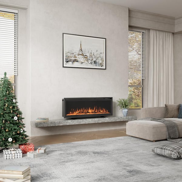 50 in. Wall Mounted Freestanding Electric Fireplace Recessed with Overheating Protection in Black