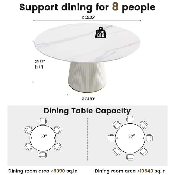 59 in. Round Sintered Stone Tabletop with White Pedestal Metal Base Kitchen Dining Table (Seats 8)