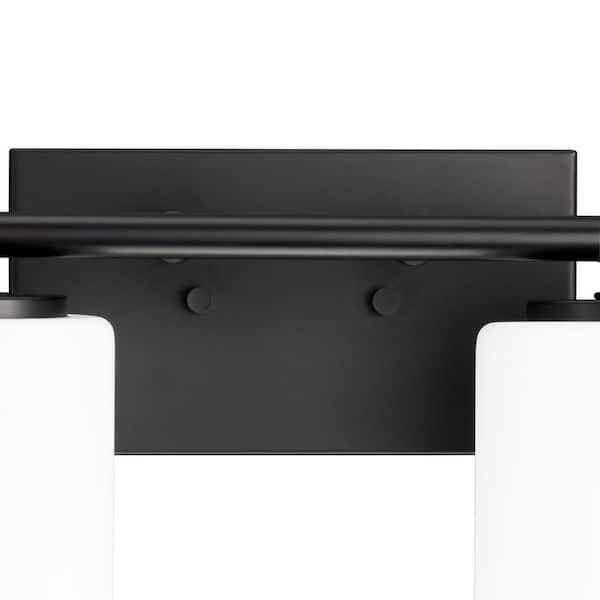 Replay 48 in. 6-Light Textured Black with Etched White Glass Shades Modern Bath Vanity Light for Bathroom