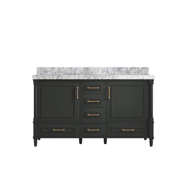 Willow Collections Hudson 60 in. Double Sink Freestanding Black Top Bath Vanity with Carrara Marble Top