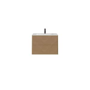 Lotus 24 in. W. x 22 in. D x 22 in. H Oak Wall Mount Bathroom Vanity with White Solid Surface Integrated Sink Top
