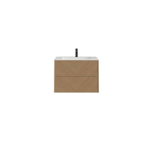 Eviva Lotus 24 in. Single Sink Floating Natural Oak Bath Vanity with White Solid Surface Top (Assembled)