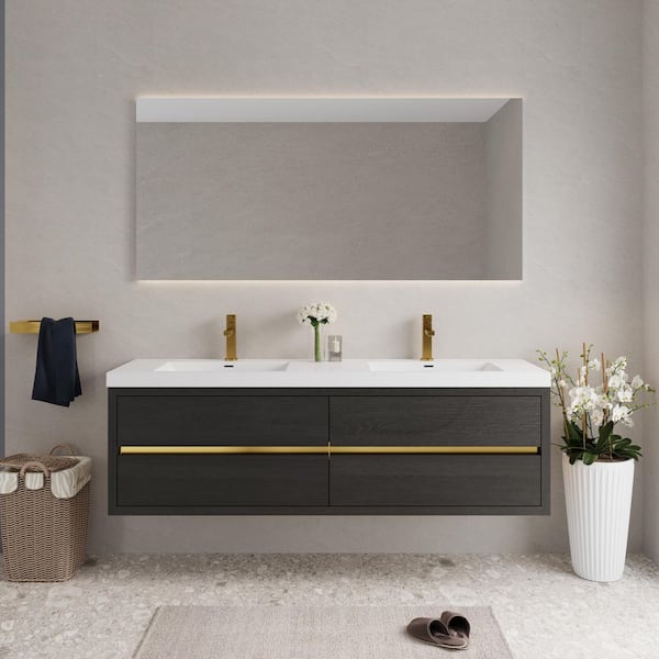 70.87 in. W x 19.69 in. D x 22.44 in. H Wall-Mounted Bath Vanity in Espresso with White Solid Surface Top