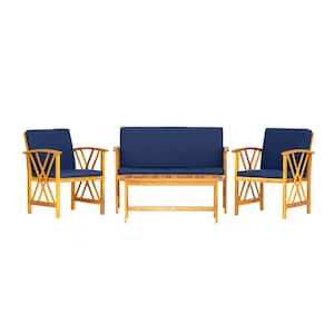 Sienna 4-Piece Wood Patio Conversation Seating Group with Navy Cushions