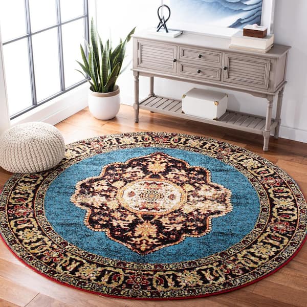 Vintage Hamadan Gold/Light Blue Doormat 3 ft. x 3 ft. Border Medallion Round Area Rug