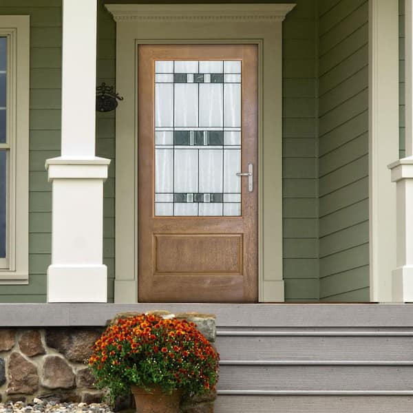 36 in. x 80 in. Savana Medium Oak Left-Hand Inswing 3/4 Lite Decorative Fiberglass Prehung Front Door