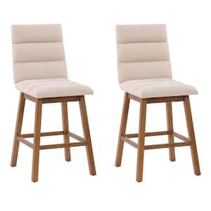 Boston 27 in. Light Beige Full Back Wood Counter Height Channel Tufted Fabric Barstool (Set of 2)
