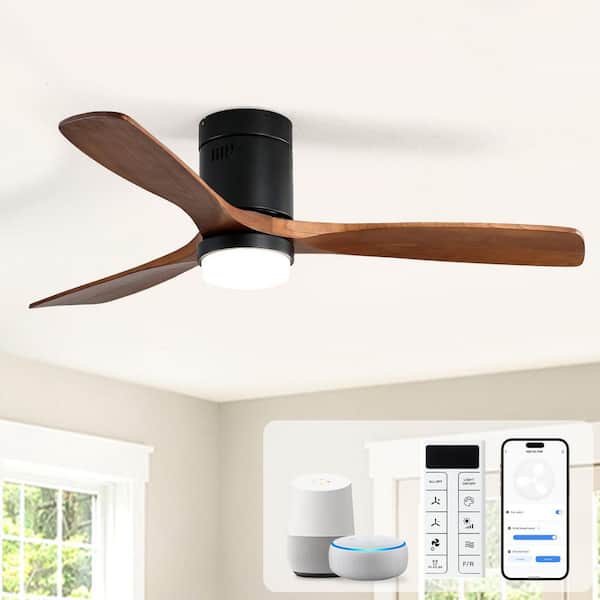52 in. Indoor Smart Standard Flush Mount Solid Wood Black Ceiling Fan with Light, Romote/APP Control
