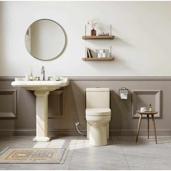 1-Piece 1.1/1.6 GPF Dual Flush Compact Round Toilet in Biscuit Soft Close Seat Included