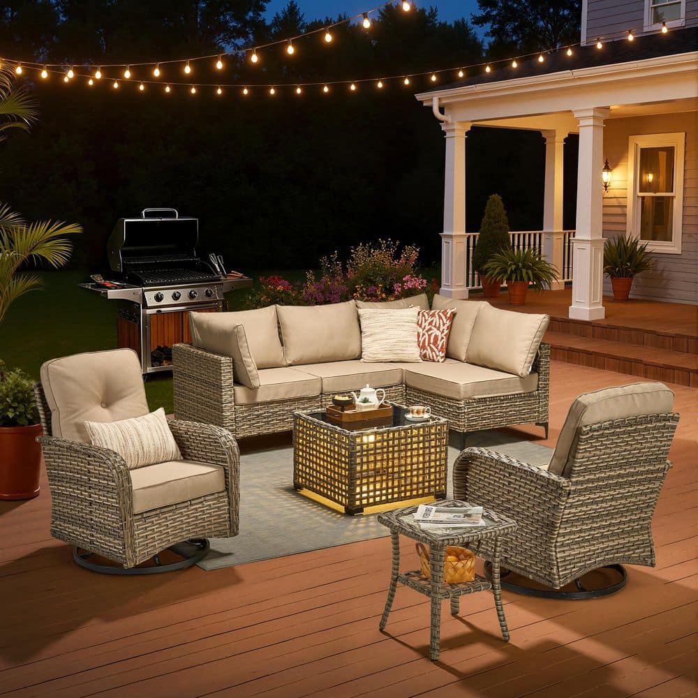 Solvoc Gray 8-Piece Wicker Outdoor Patio Conversation Set with Beige Cushion, Swivel Chair, Lights Coffee Table price history on PriceWatchPro