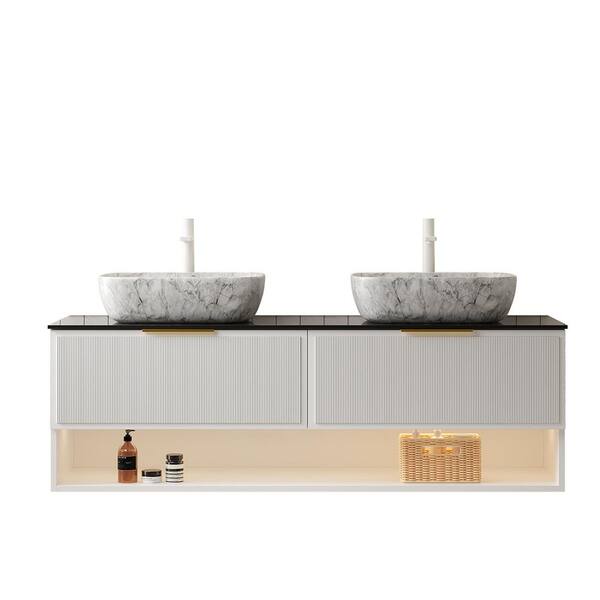 60 in. Wall-Mounted Stone Gray Bath Vanity with Black Sintered Stone Top Assembled
