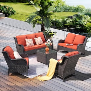Mona Lisa Brown 5-Piece Wicker Outdoor Patio Conversation Seating Set with Orange Red Cushions