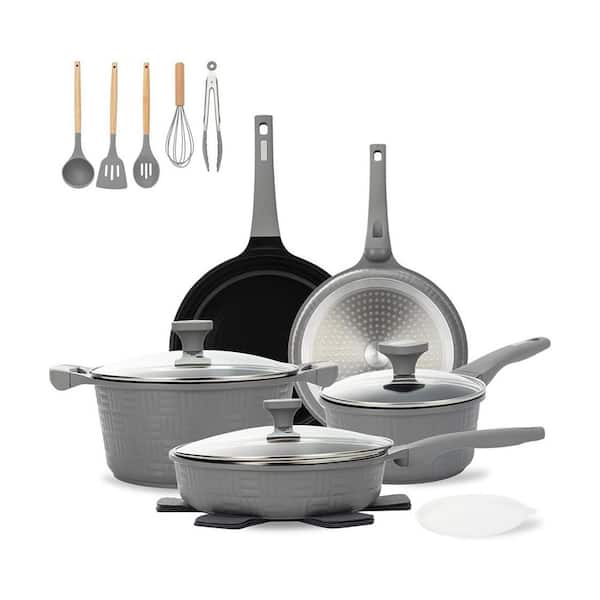 17-Piece Nonstick Granite Induction Cookware Set Gray Healthy PFAS-Free Scratch-Resistant Pots and Pans with Utensils