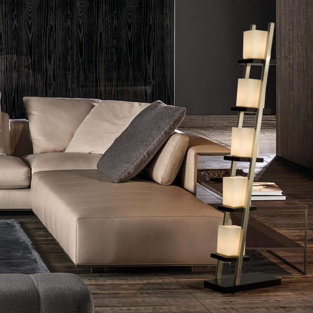 Escalier 5-Light Arc Floor Lamp in Espresso & Brushed Nickel with Off-White Glass Shades