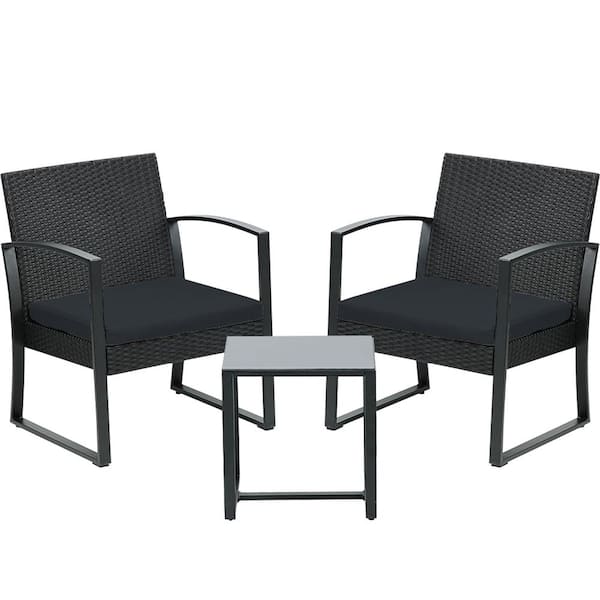 Aoodor 3-Piece Wicker Patio Conversation Set Coffee Table and 2 Rattan Chair with Black Cushions