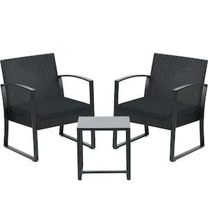 3-Piece Wicker Patio Conversation Set Coffee Table and 2 Rattan Chair with Black Cushions