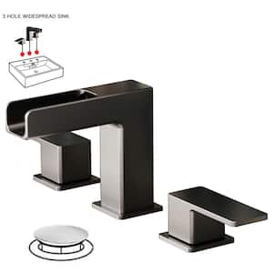 Waterfall 8 in. Widespread Double Handle Gold Bathroom Faucet Set 3 Holes Vanity Sink With Metal Drain In Brushed Nickel