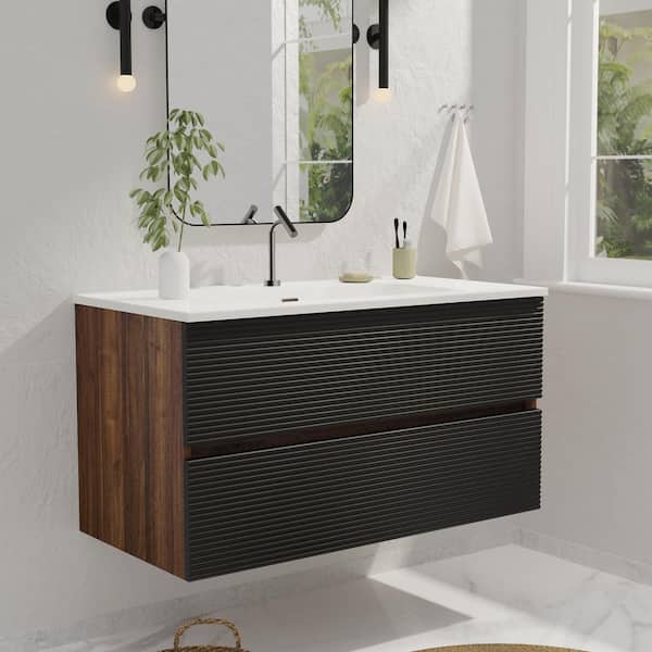 Feelive 36 in. Wall-Mounted Floating Bath Vanity in Walnut and Black with Single Ceramic Sink Top in White