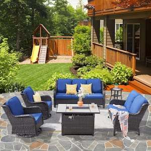 Vincent Brown 6-Piece Wicker Patio Rectangular Fire Pit Set with Navy Blue Cushions and Swivel Rocking Chairs