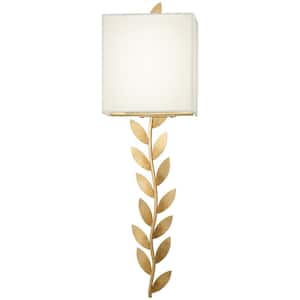 Arbor Grove 1-Light Ardent Gold Leaf LED Wall Sconce with White Linen Shade
