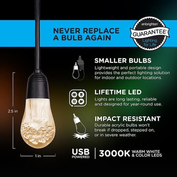 Enbrighten Bundle - Seasons Color-Changing Vintage LED Cafe Lights (12  Bulbs, 24ft. White Cord) with Outdoor Plug-In 2-Outlet WiFi Smart Switch