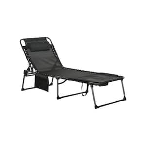 Outdoor Steel Folding Chaise Lounge with 5-Level Reclining Back, Reading Face Hole, Side Pocket and Headrest in Black