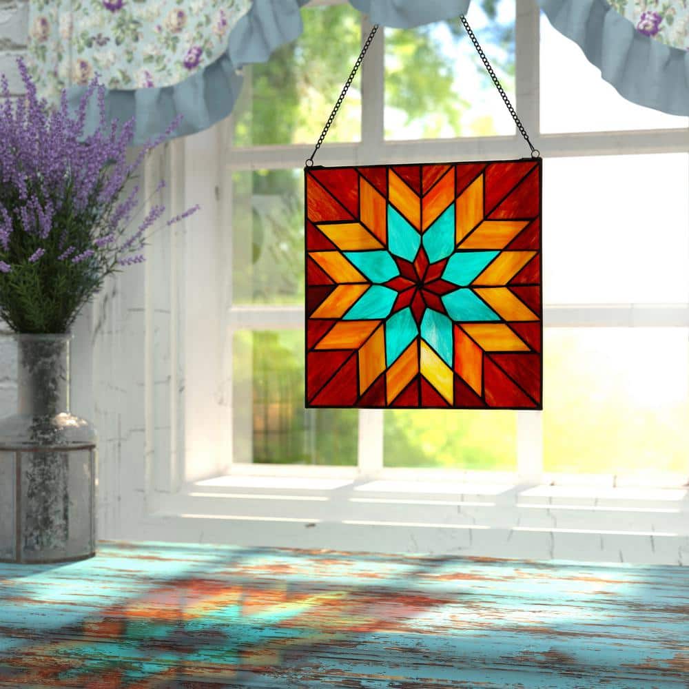 Bold Geometric Floral Stained Glass Window Panel in Red, Teal, and Orange
