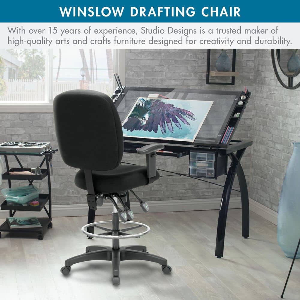 Winslow Black Fabric Drafting Chair in a studio setting