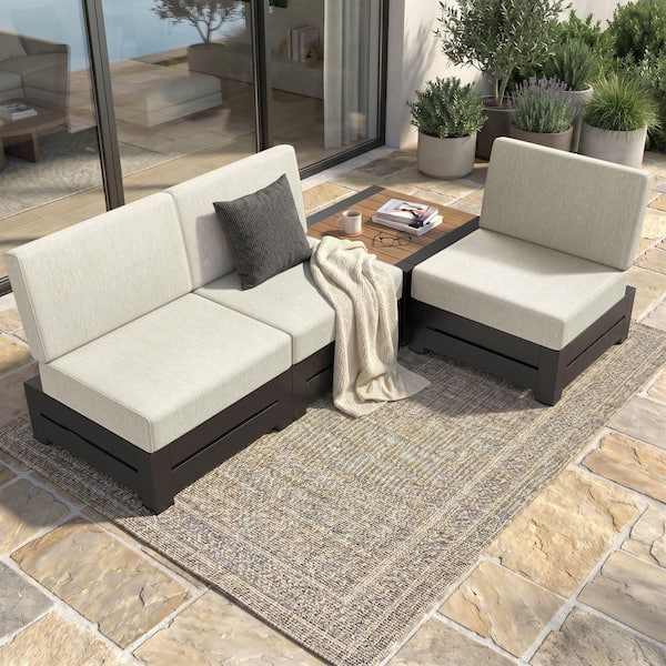 PHI VILLA Black 4-Piece Metal Outdoor Patio Conversation Set with Beige ...