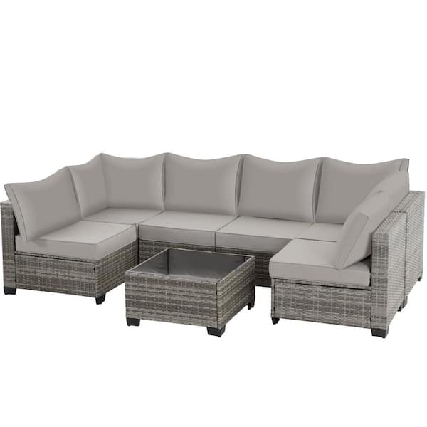 7 Pieces Outdoor PE Wicker Conversation Set Sectional Sofa Couch with Gray Washable Cushions