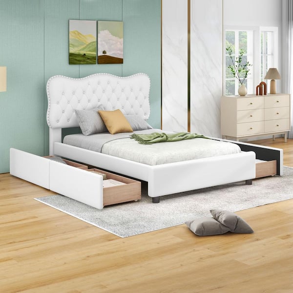 Harper & Bright Designs White Wood Frame Queen Size PU Upholstered Platform Bed with Button-Tufted Headboard, 4-Drawers, Nail Head Trim