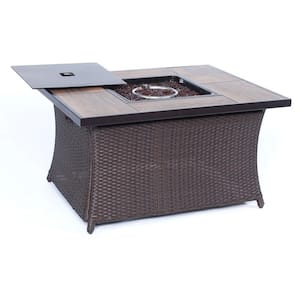 9.8 in. Wicker Fire Pit Table in Brown with Woodgrain Tile-Top