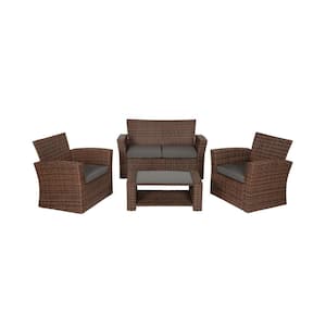 Hudson 4-Piece Brown Wicker Outdoor Patio Loveseat and Armchair Conversation Set with Gray Cushions and Coffee Table