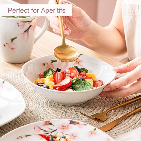 VEWEET 40-Piece Pink Floral Ivory White Porcelain Dinnerware (Set