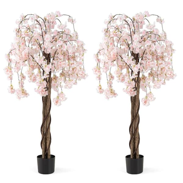 2 Pack 5.5 ft. Tall Artificial Cherry Blossom Tree with Pink Flowers Decoration White